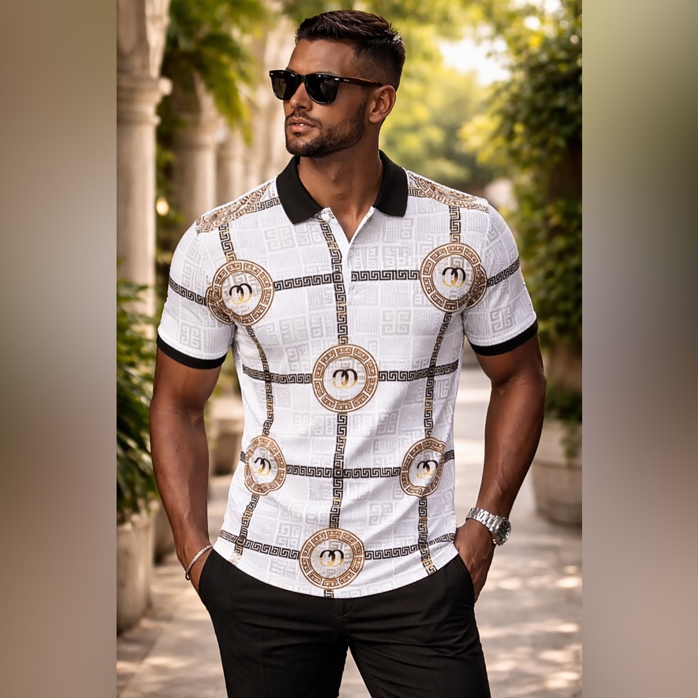 Albertini 3XL White Gold Chain Medallion Greek Key Polo Shirt Designer Resort